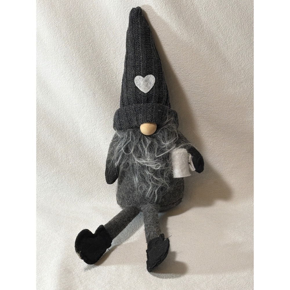 Gray Sitting Plush Gnome with Heart Knit Hat Scandinavian Tomte Decor